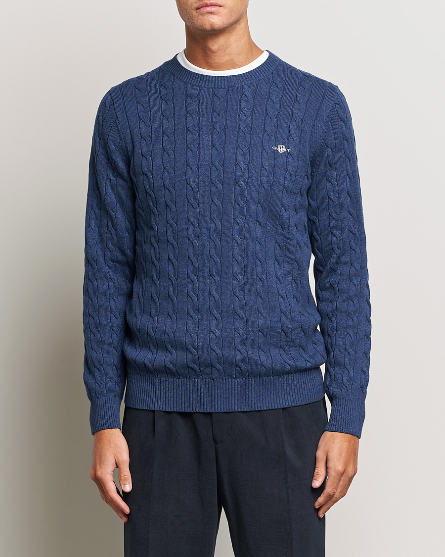 Men | Sweaters & Knitwear | GANT | Cotton Cable Crew Neck Pullover Marine Melange