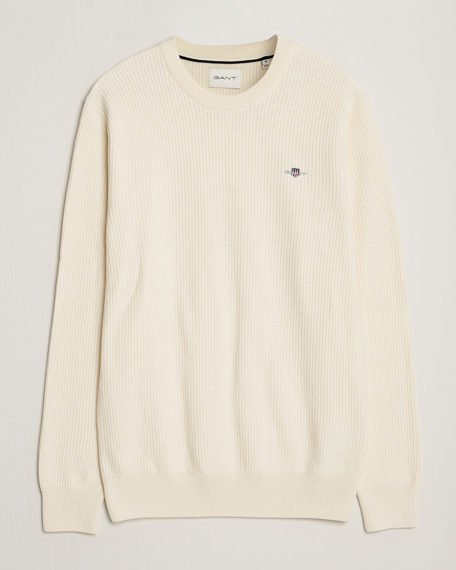 Men | Sweaters & Knitwear | GANT | Cotton Micro Textured Crew Neck Cream