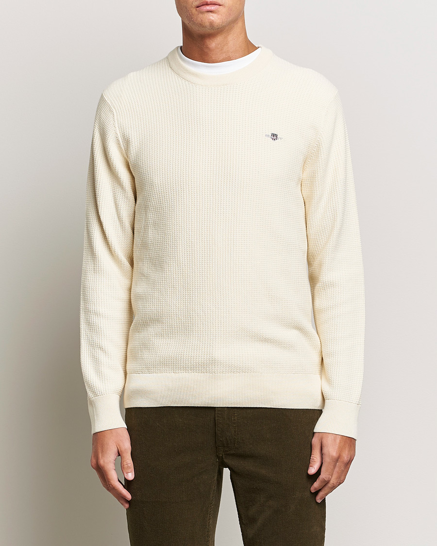 Men | Sweaters & Knitwear | GANT | Cotton Micro Textured Crew Neck Cream