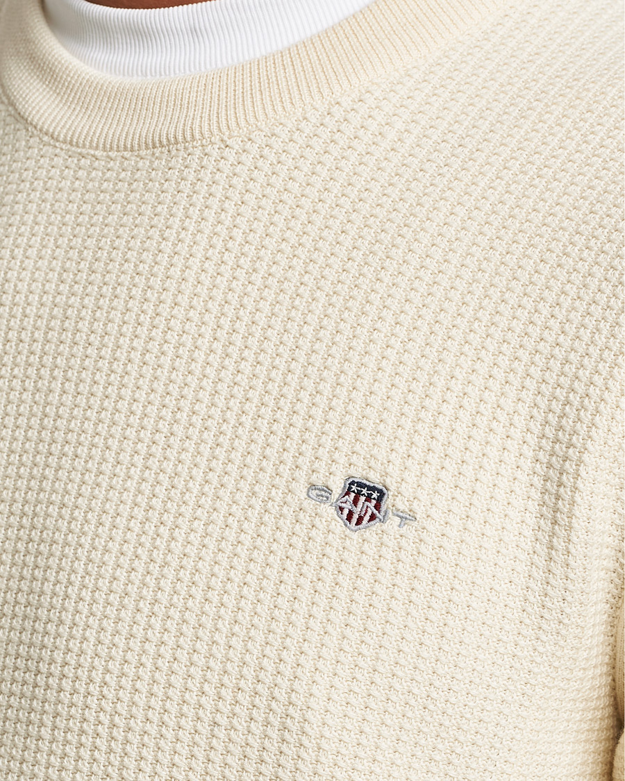 Men | Sweaters & Knitwear | GANT | Cotton Micro Textured Crew Neck Cream