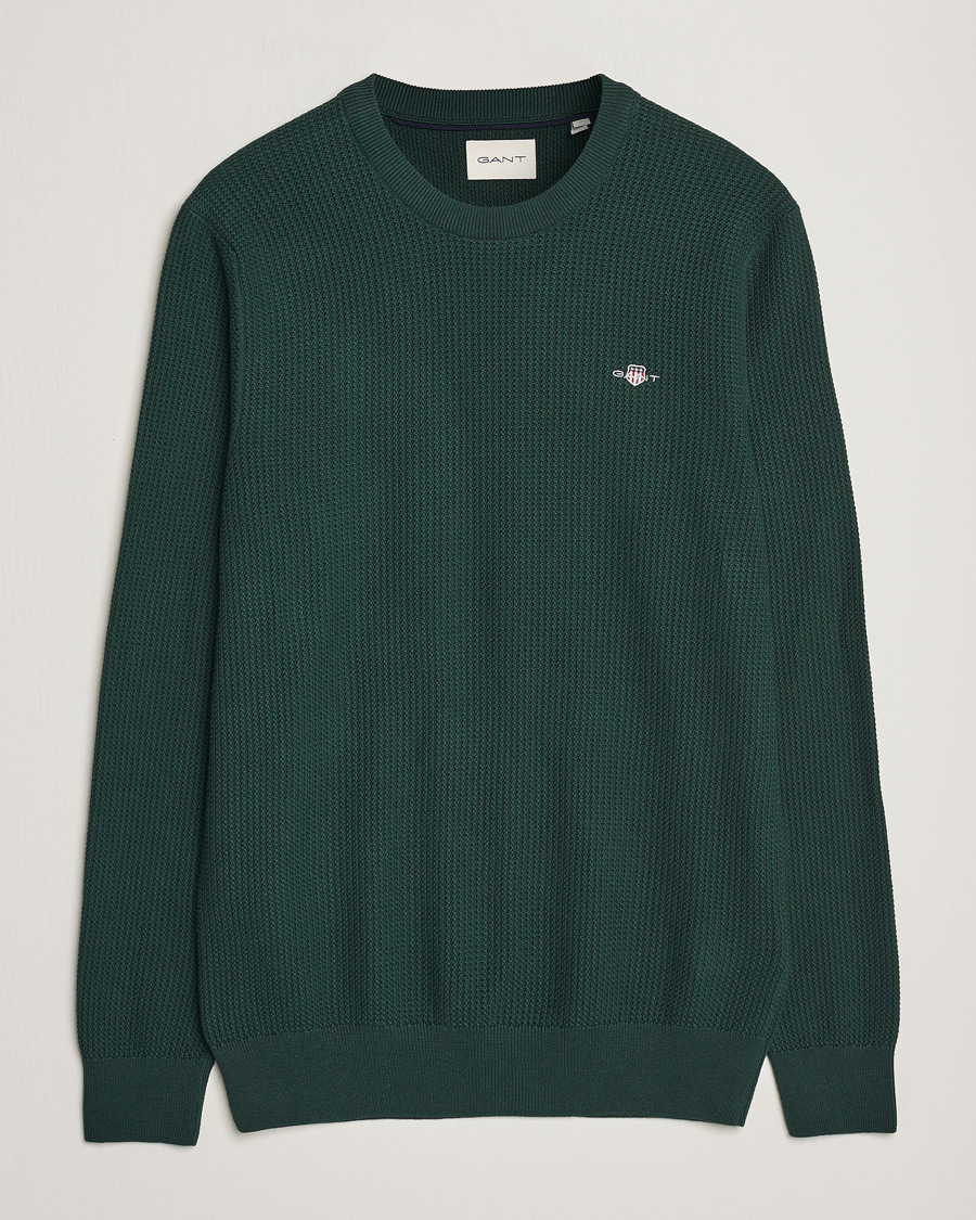 Men | Sweaters & Knitwear | GANT | Cotton Micro Textured Crew Neck Tartan Green