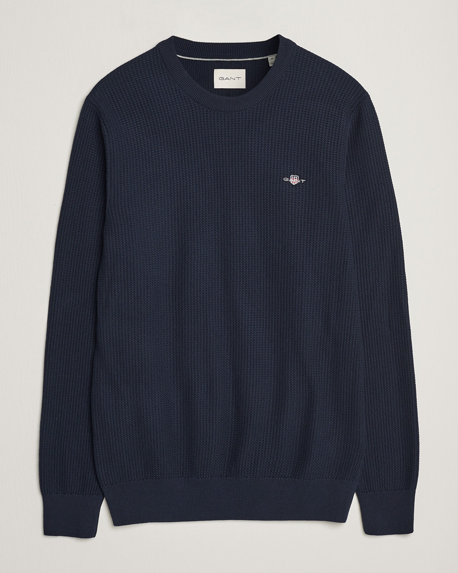 Men | Sweaters & Knitwear | GANT | Cotton Micro Textured Crew Neck Evening Blue