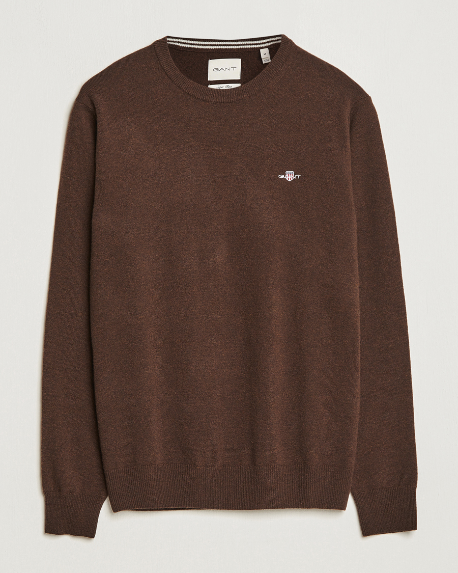 Men | Sweaters & Knitwear | GANT | Lambswool Crew Neck Pullover Dark Brown Melange