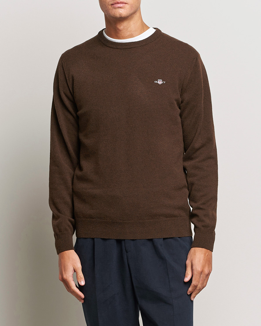 Men | Sweaters & Knitwear | GANT | Lambswool Crew Neck Pullover Dark Brown Melange