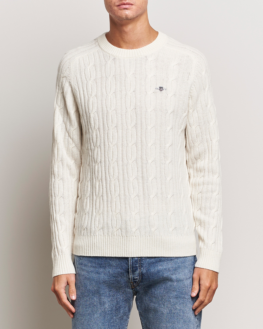 Men | Sweaters & Knitwear | GANT | Lambswool Cable Crew Neck Pullover Cream