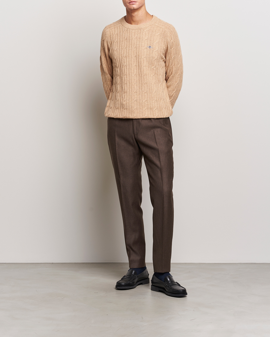 Men | Sweaters & Knitwear | GANT | Lambswool Cable Crew Neck Pullover Khaki Melange