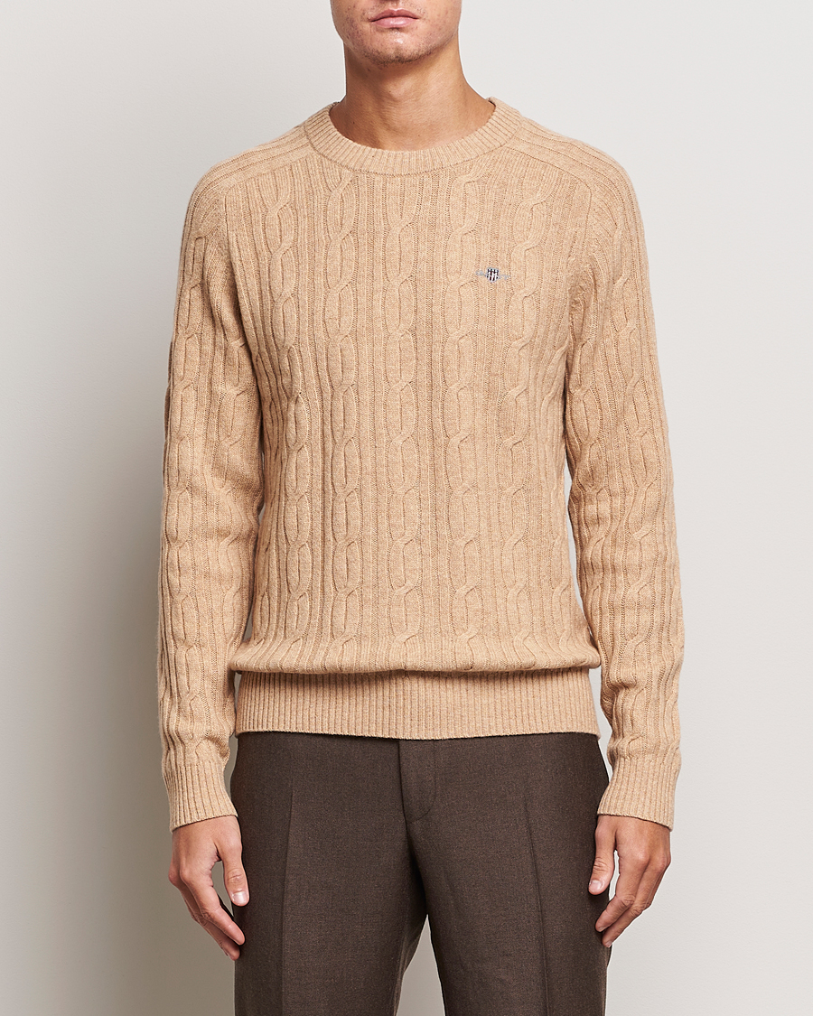 Men | Sweaters & Knitwear | GANT | Lambswool Cable Crew Neck Pullover Khaki Melange