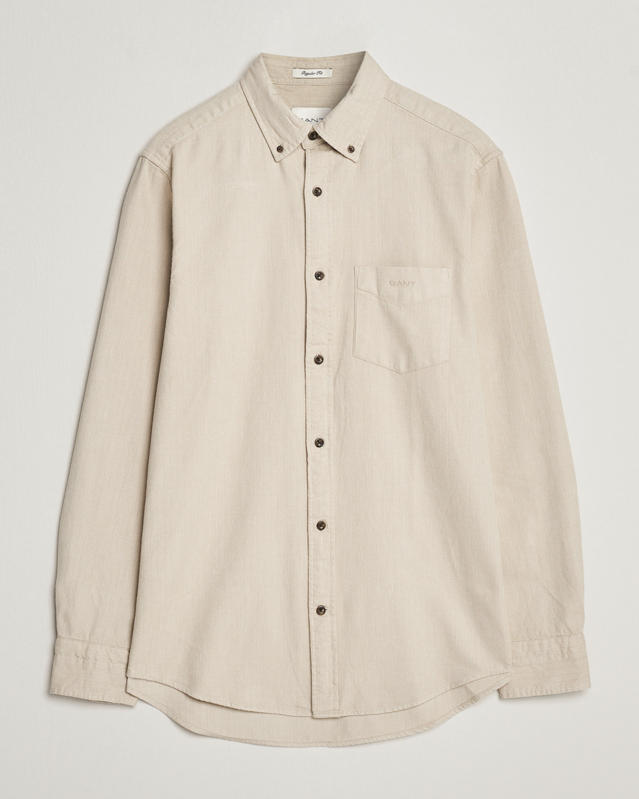 Men | Shirts | GANT | Regular Fit Herringbone Flannel Shirt Cold Beige