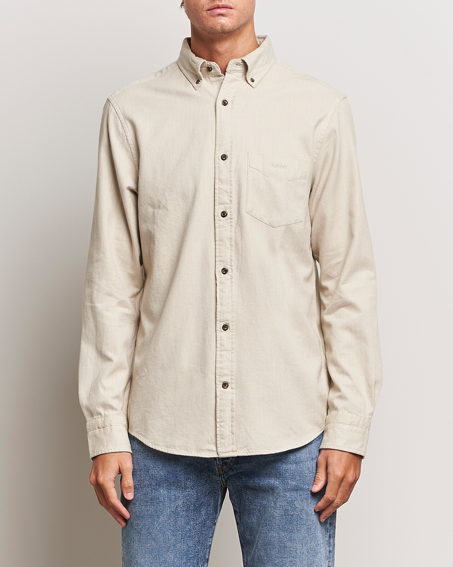 Men | Shirts | GANT | Regular Fit Herringbone Flannel Shirt Cold Beige