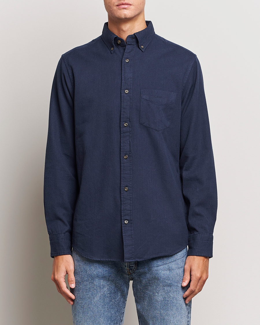 Men | Shirts | GANT | Regular Fit Herringbone Flannel Shirt Marine