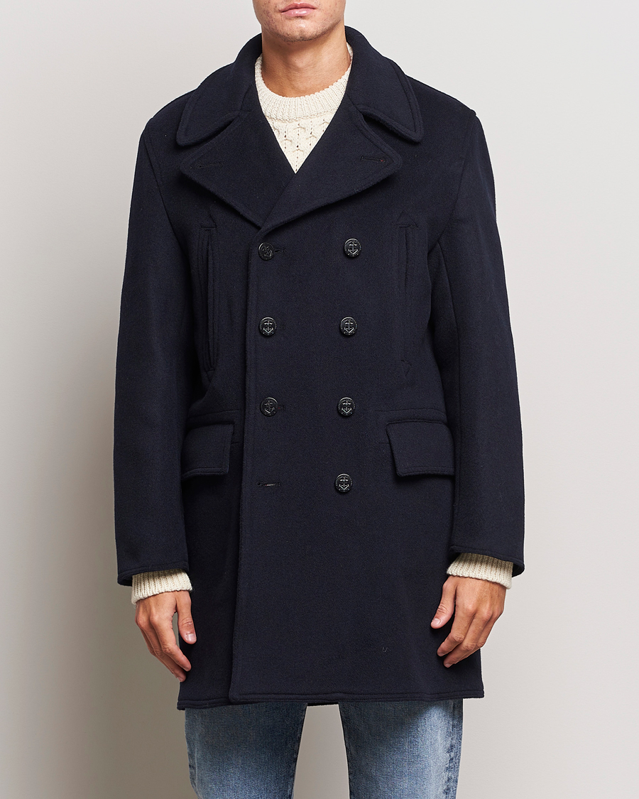Men | Coats & Jackets | Gloverall | Churchill Long Reefer Peacoat Navy Royal