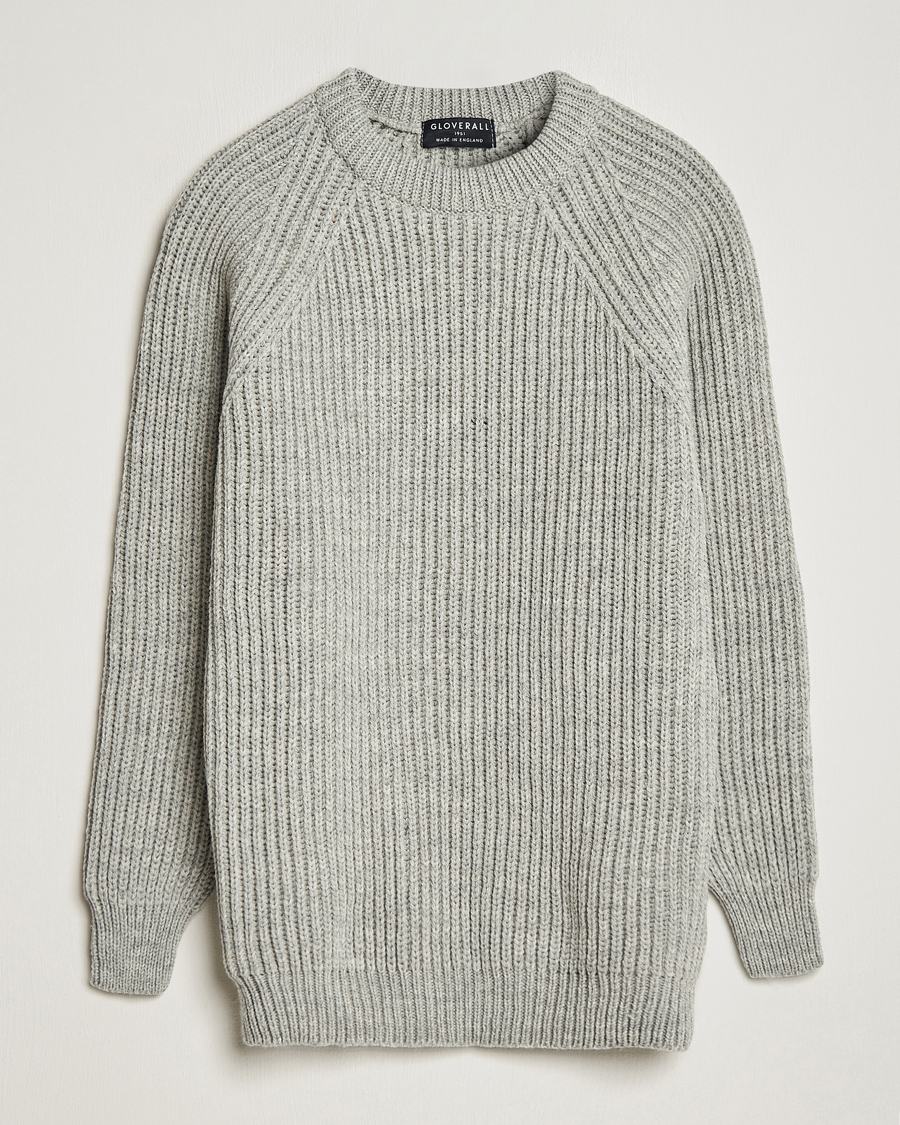 Men | Sweaters & Knitwear | Gloverall | Fisherman Rib Chunky Wool Crew Neck Light Grey