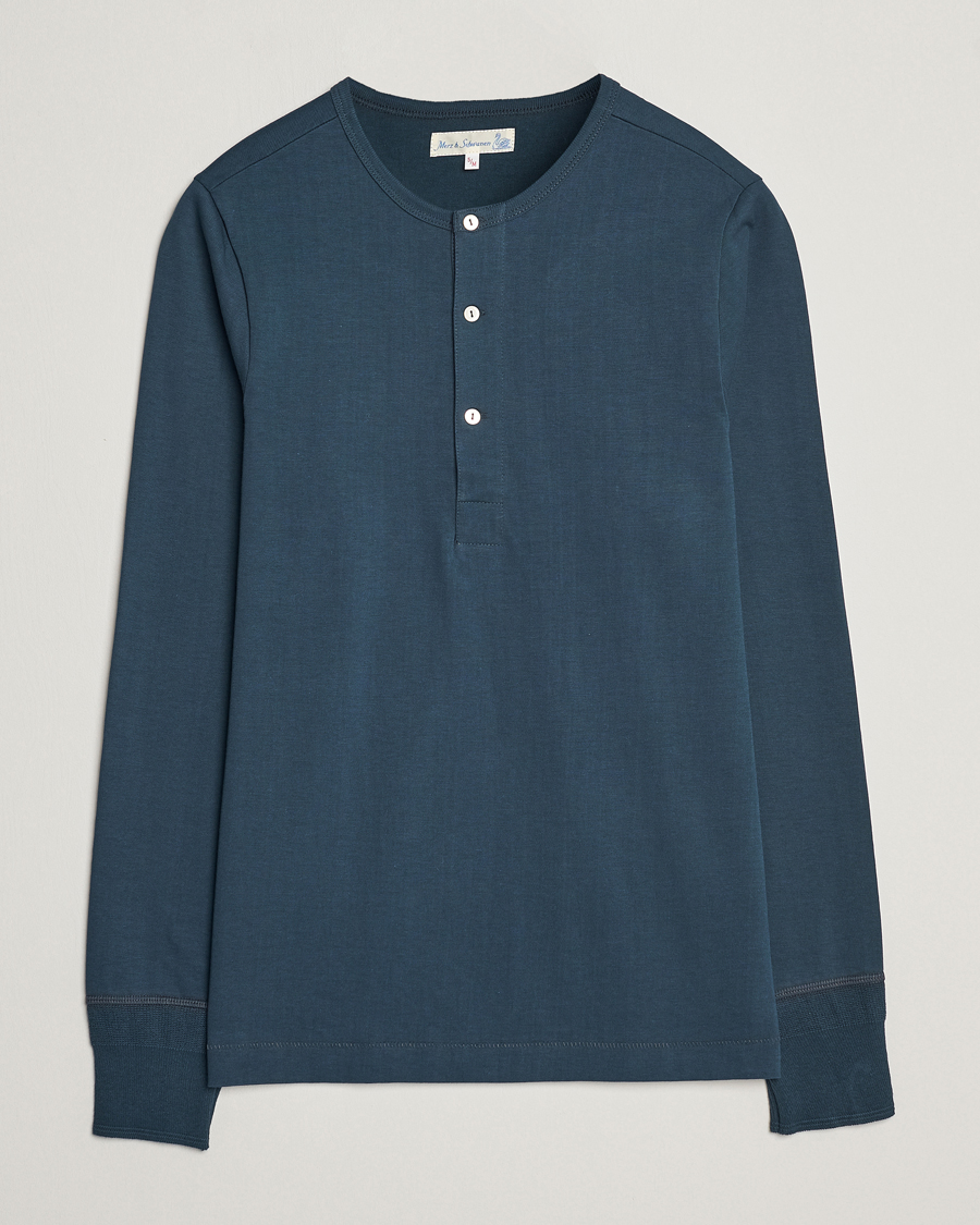 Men | Sweaters & Knitwear | Merz b. Schwanen | Classic Organic Cotton Henley Mineral Blue