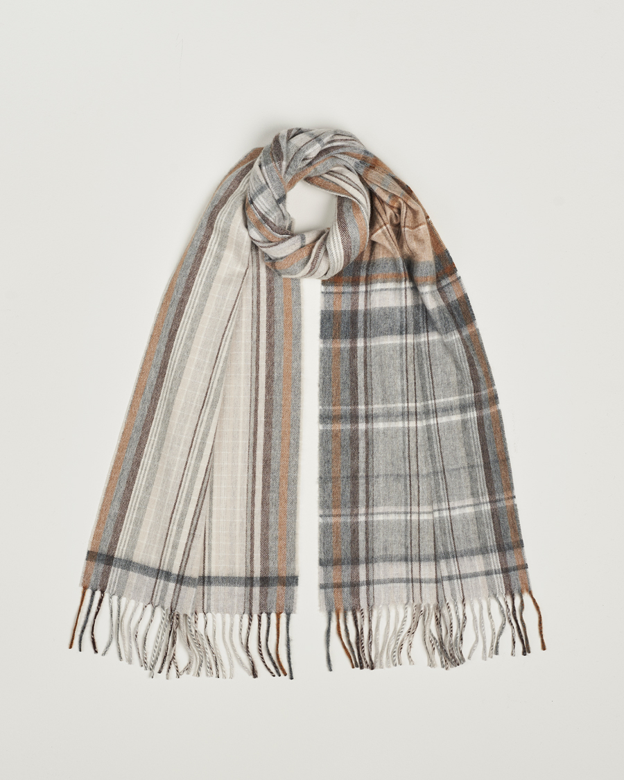 Men | Begg & Co Striped/Checked Cashmere Scarf 36*183cm Natural Grey | Begg & Co | Striped/Checked Cashmere Scarf 36*183cm Natural Grey