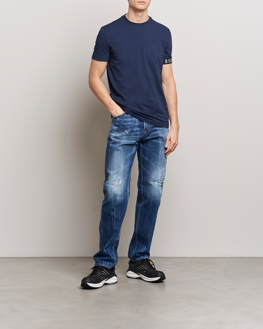 Men | T-Shirts | Dsquared2 | Taped Logo Crew Neck T-Shirt Navy/White