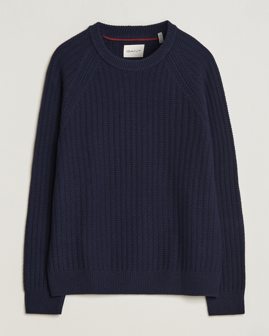 Men | Sweaters & Knitwear | GANT | Textured Raglan Knitted Crew Neck Evening Blue