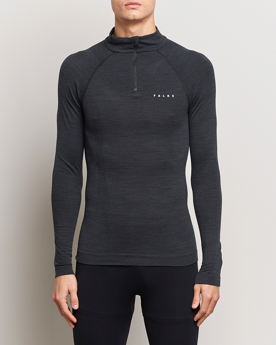 Men | Sweaters & Knitwear | Falke Sport | Long Sleeve Wool Tech Half Zip Shirt Black