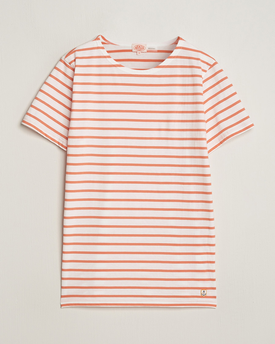Men | T-Shirts | Armor-lux | Hoëdic Boatneck Héritage Stripe T-shirt Milk/Coral