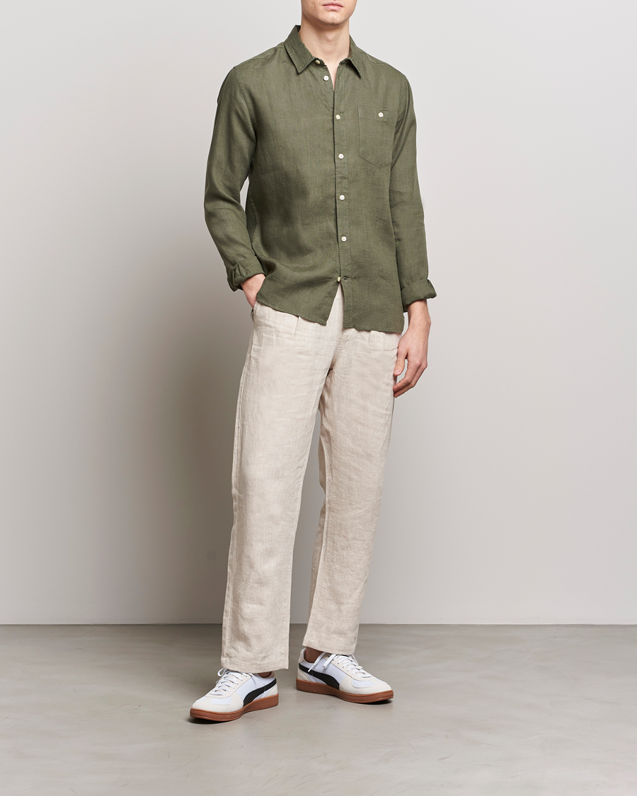 Men | Shirts | KnowledgeCotton Apparel | Regular Linen Shirt Burnt Olive