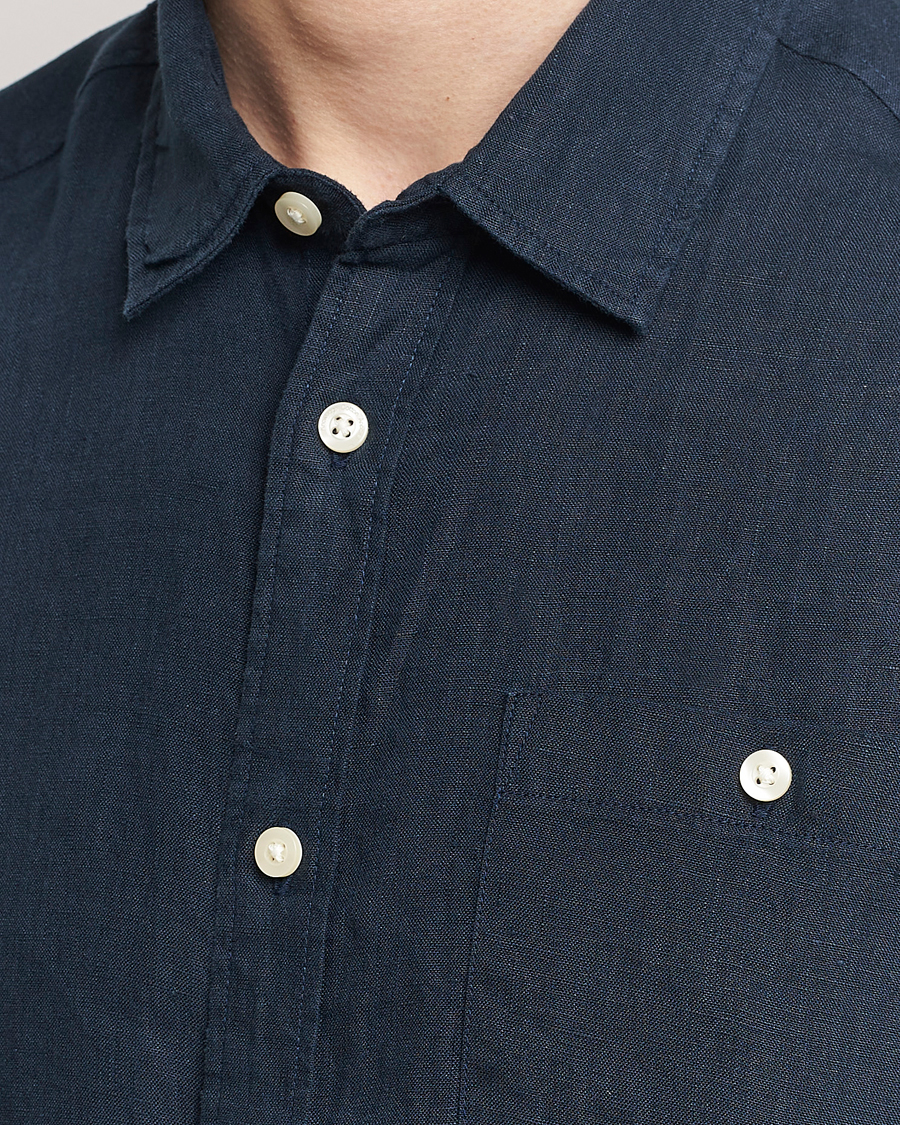 Men | Shirts | KnowledgeCotton Apparel | Regular Short Sleeve Linen Shirt Total Eclipse