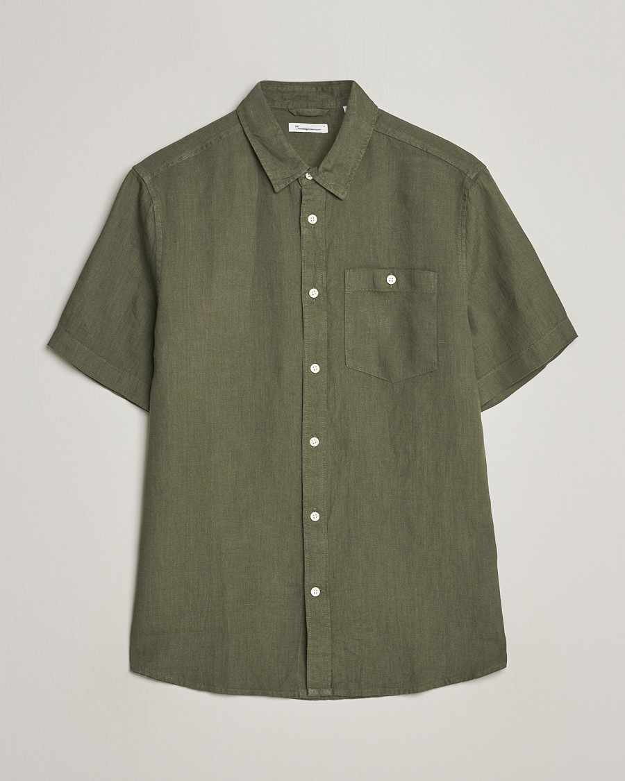 Men | Shirts | KnowledgeCotton Apparel | Regular Short Sleeve Linen Shirt Burned Olive
