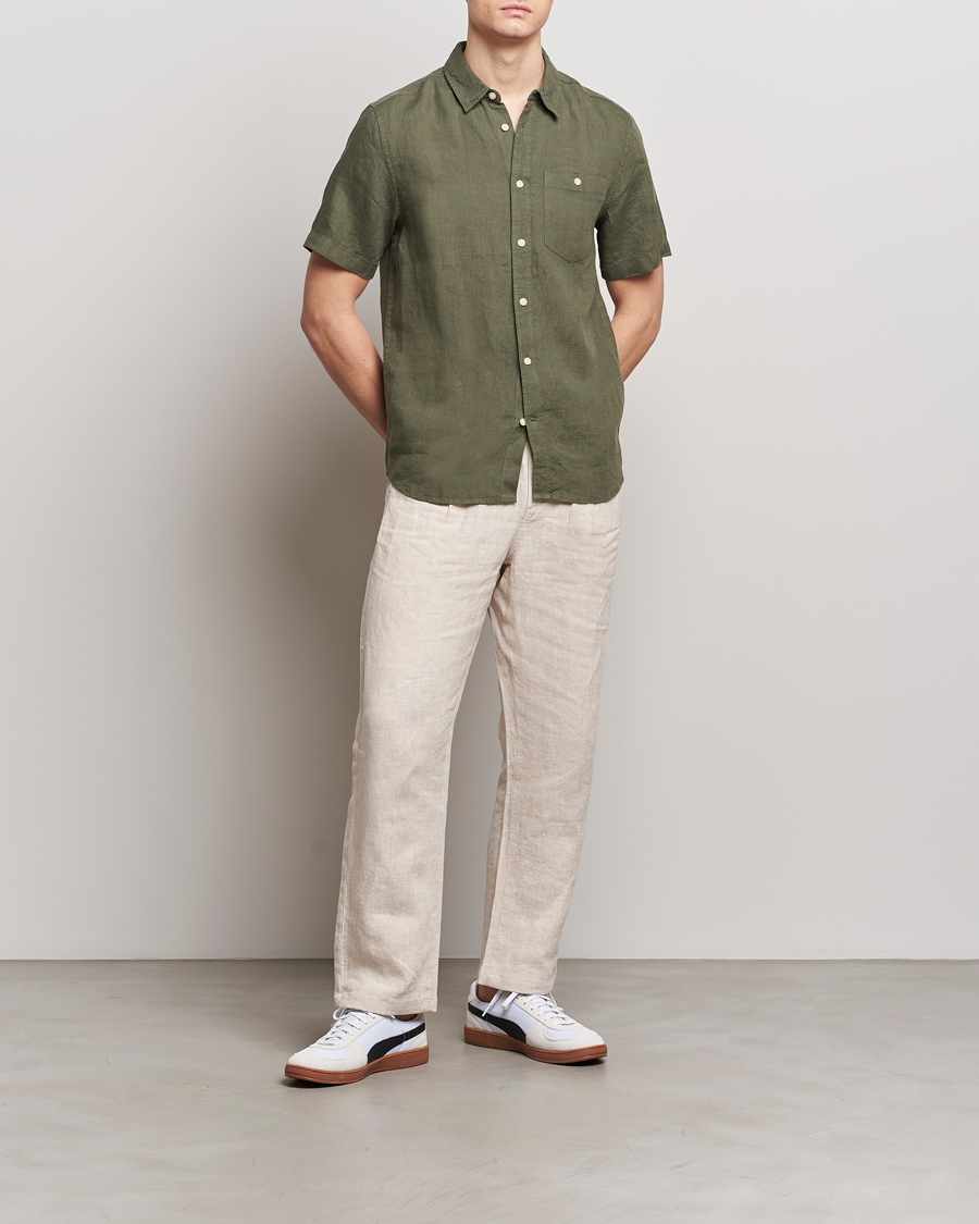 Men | Shirts | KnowledgeCotton Apparel | Regular Short Sleeve Linen Shirt Burned Olive