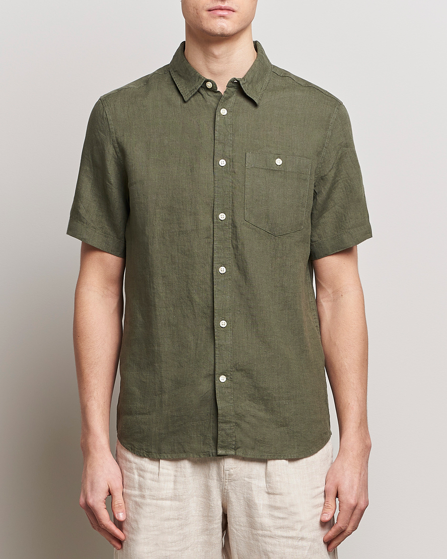 Men | Shirts | KnowledgeCotton Apparel | Regular Short Sleeve Linen Shirt Burned Olive