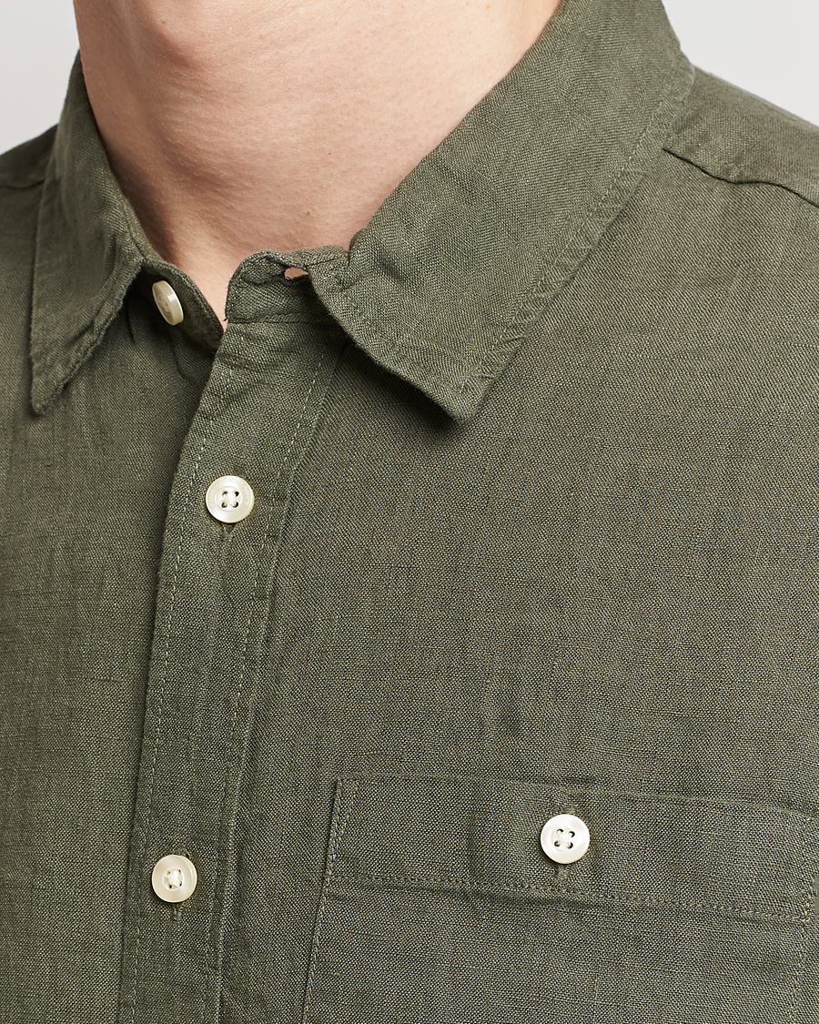 Men | Shirts | KnowledgeCotton Apparel | Regular Short Sleeve Linen Shirt Burned Olive
