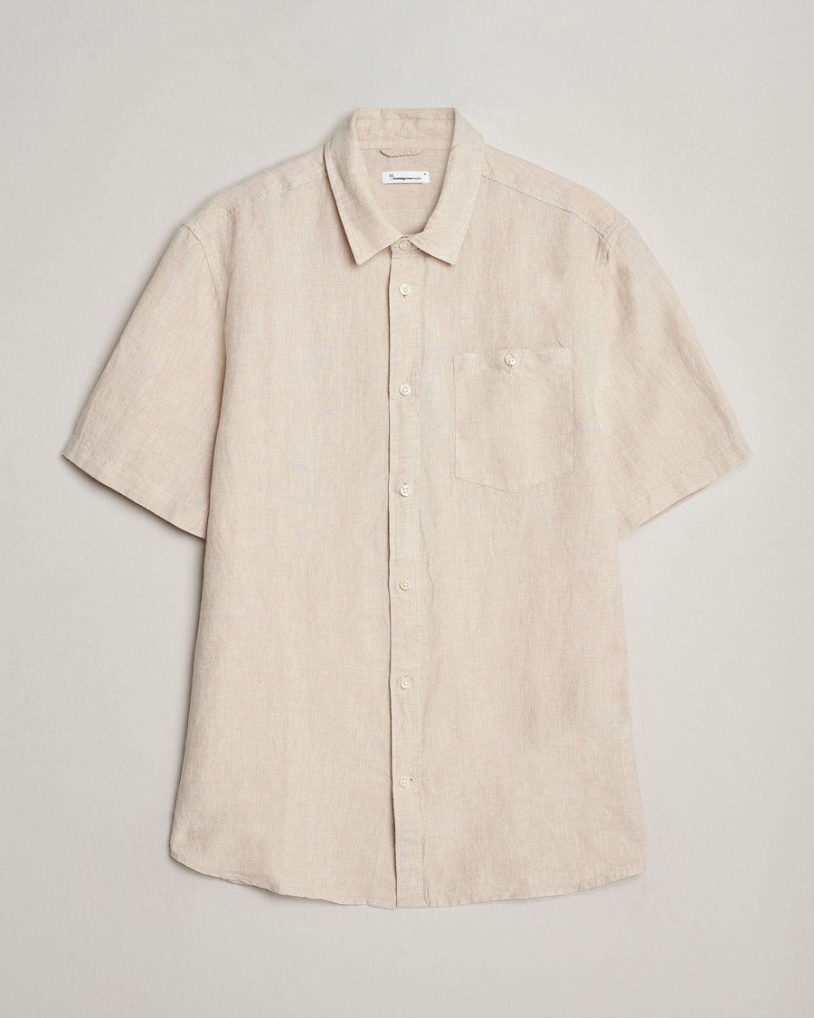 Men | Shirts | KnowledgeCotton Apparel | Regular Short Sleeve Linen Shirt Yarndyed Beige