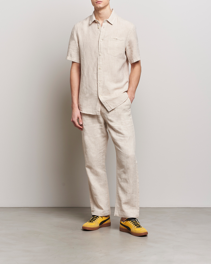 Men | Shirts | KnowledgeCotton Apparel | Regular Short Sleeve Linen Shirt Yarndyed Beige