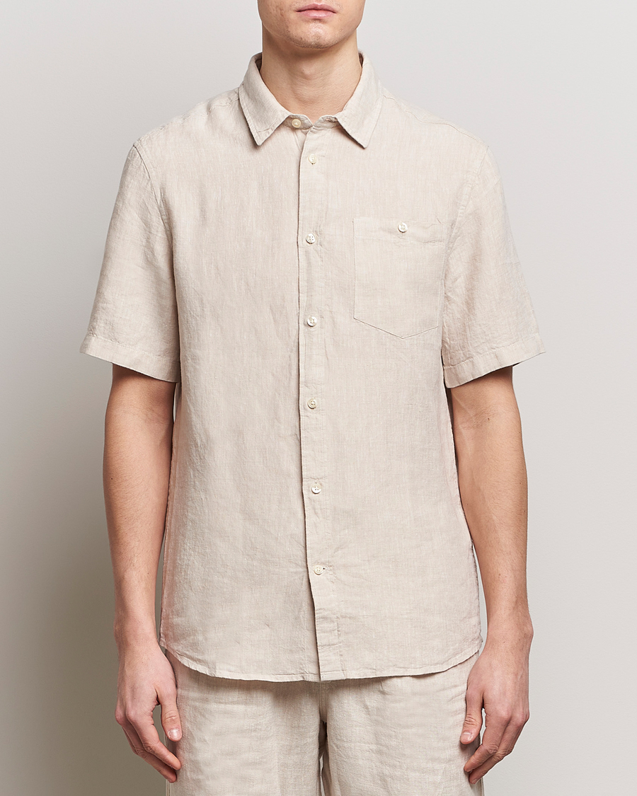 Men | Shirts | KnowledgeCotton Apparel | Regular Short Sleeve Linen Shirt Yarndyed Beige