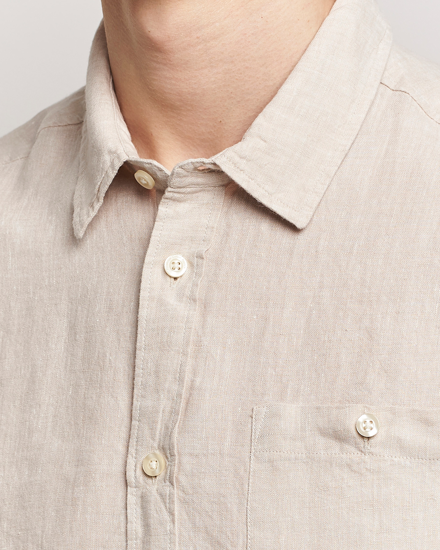 Men | Shirts | KnowledgeCotton Apparel | Regular Short Sleeve Linen Shirt Yarndyed Beige