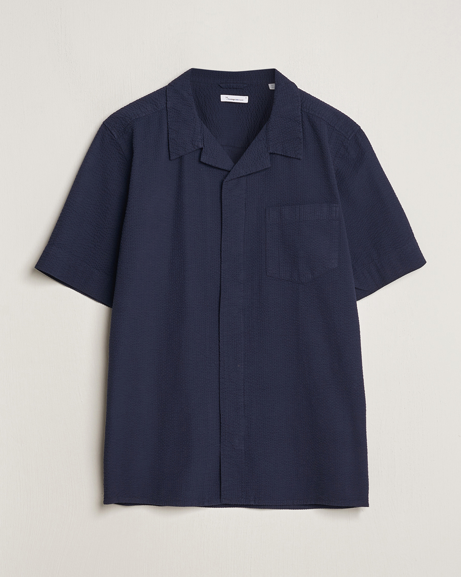Men | Shirts | KnowledgeCotton Apparel | Short Sleeve Seersucker Shirt Night Sky