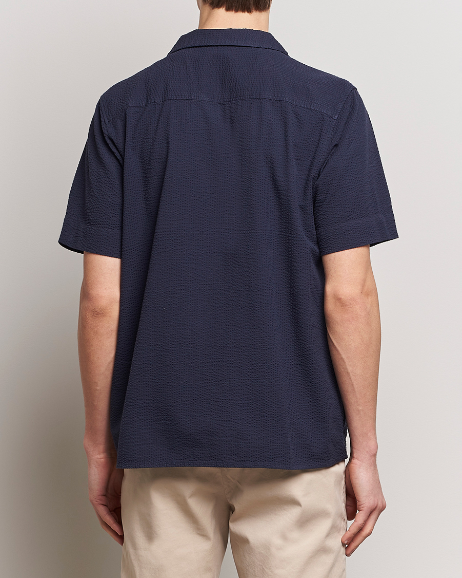Men | Shirts | KnowledgeCotton Apparel | Short Sleeve Seersucker Shirt Night Sky