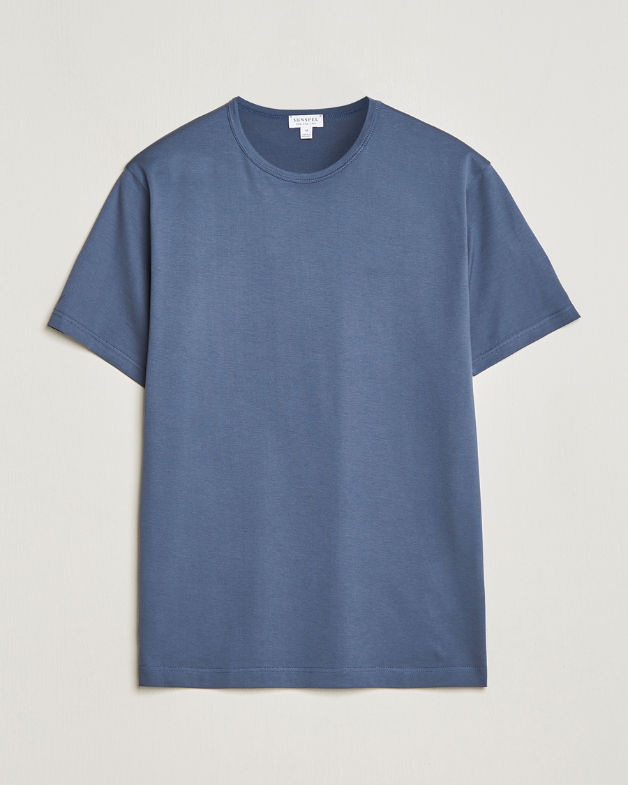 Men | T-Shirts | Sunspel | Crew Neck Q82 Cotton T-Shirt Slate Blue