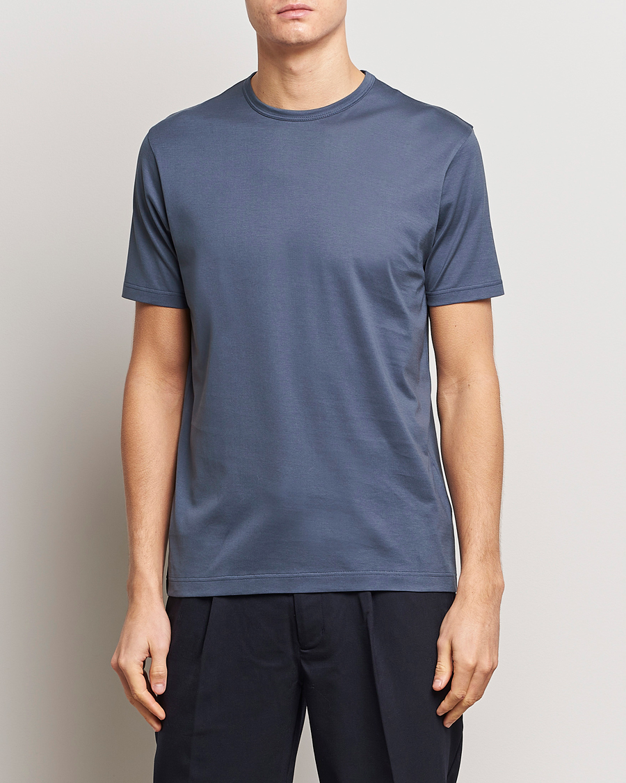 Men | T-Shirts | Sunspel | Crew Neck Q82 Cotton T-Shirt Slate Blue