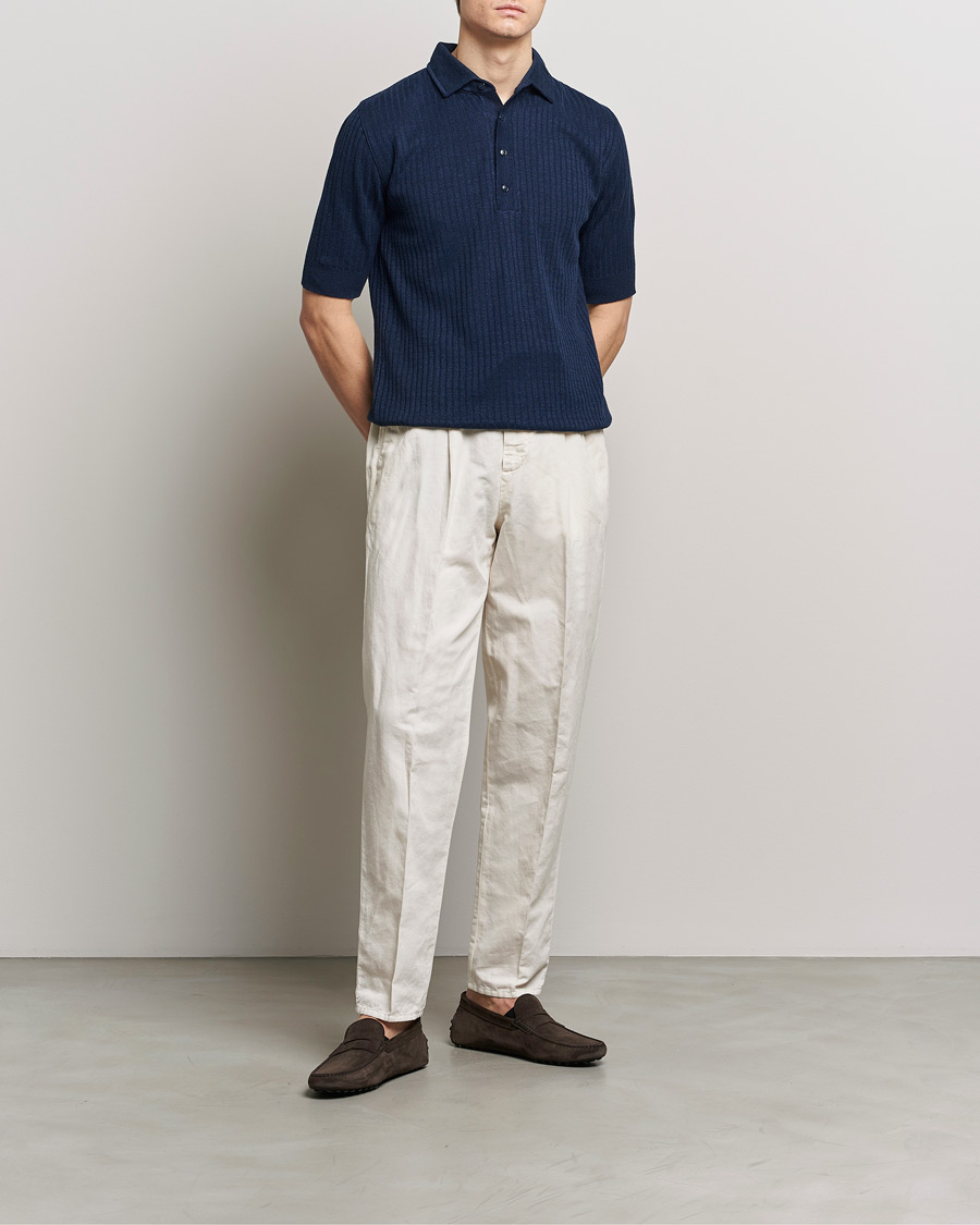 Men | Polo Shirts | Lardini | Structured Linen/Cotton Polo Navy