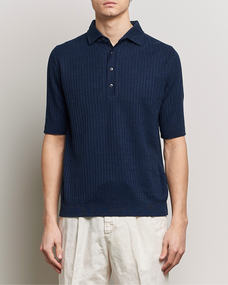 Men | Polo Shirts | Lardini | Structured Linen/Cotton Polo Navy