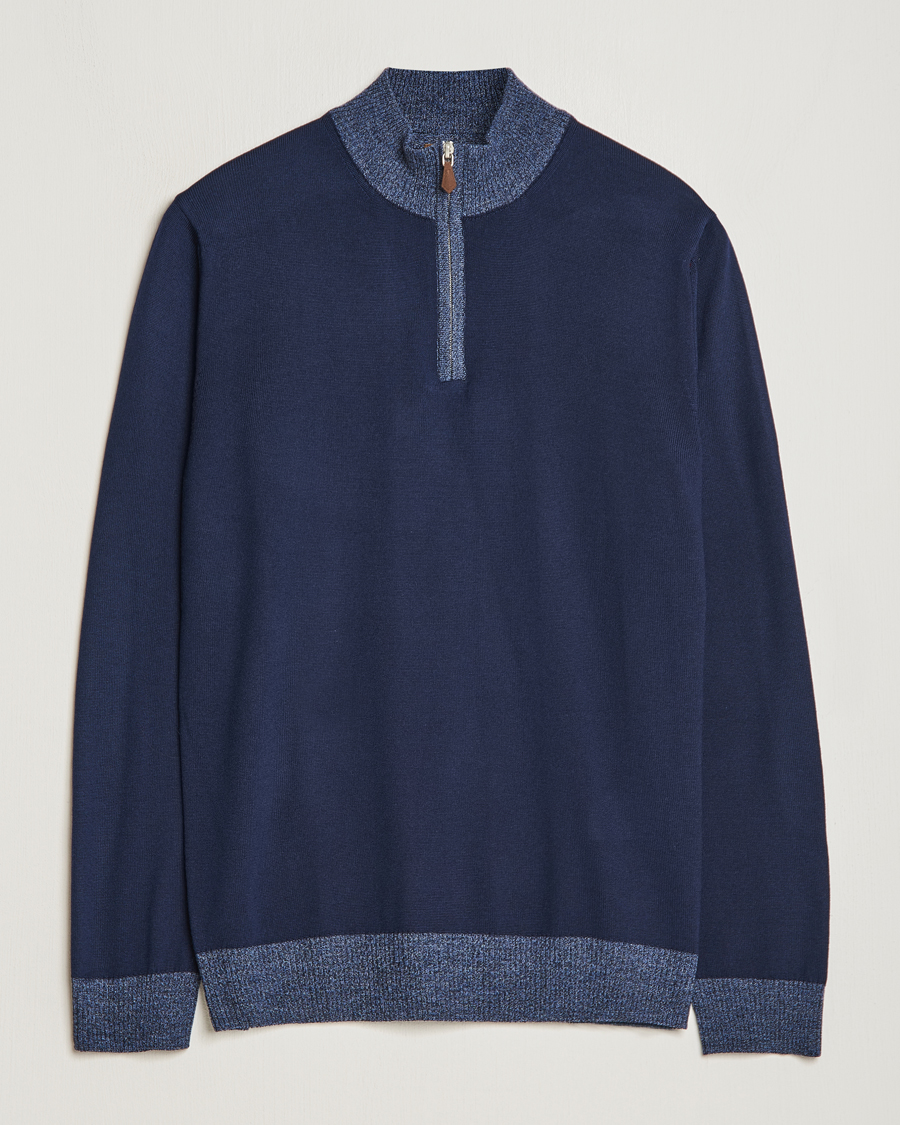 Men | Sweaters & Knitwear | Stenströms | Merino Contrast Half Zip Navy