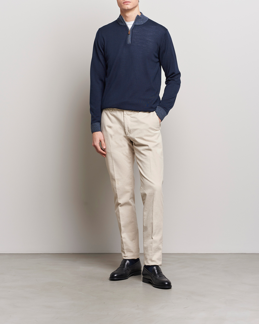 Men | Sweaters & Knitwear | Stenströms | Merino Contrast Half Zip Navy