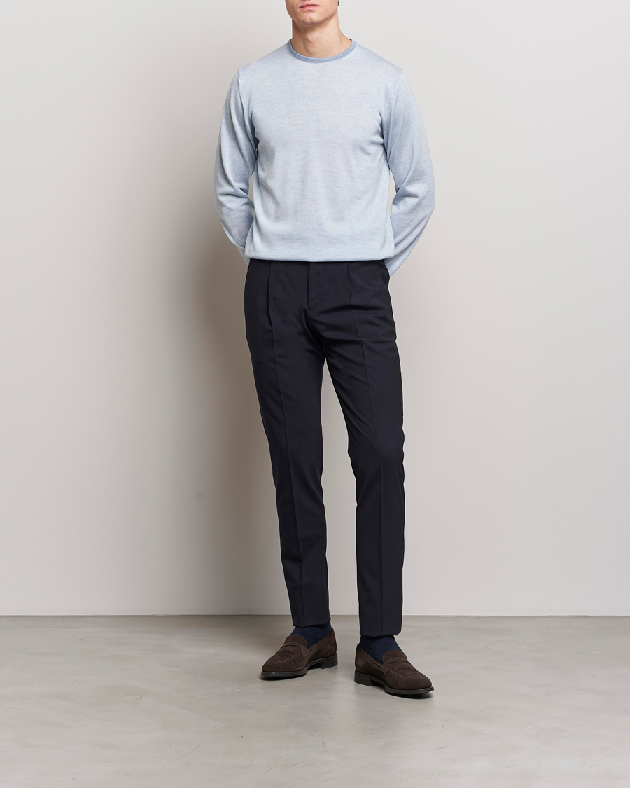 Men | Sweaters & Knitwear | Stenströms | Merino Contrast Crew Neck Light Blue