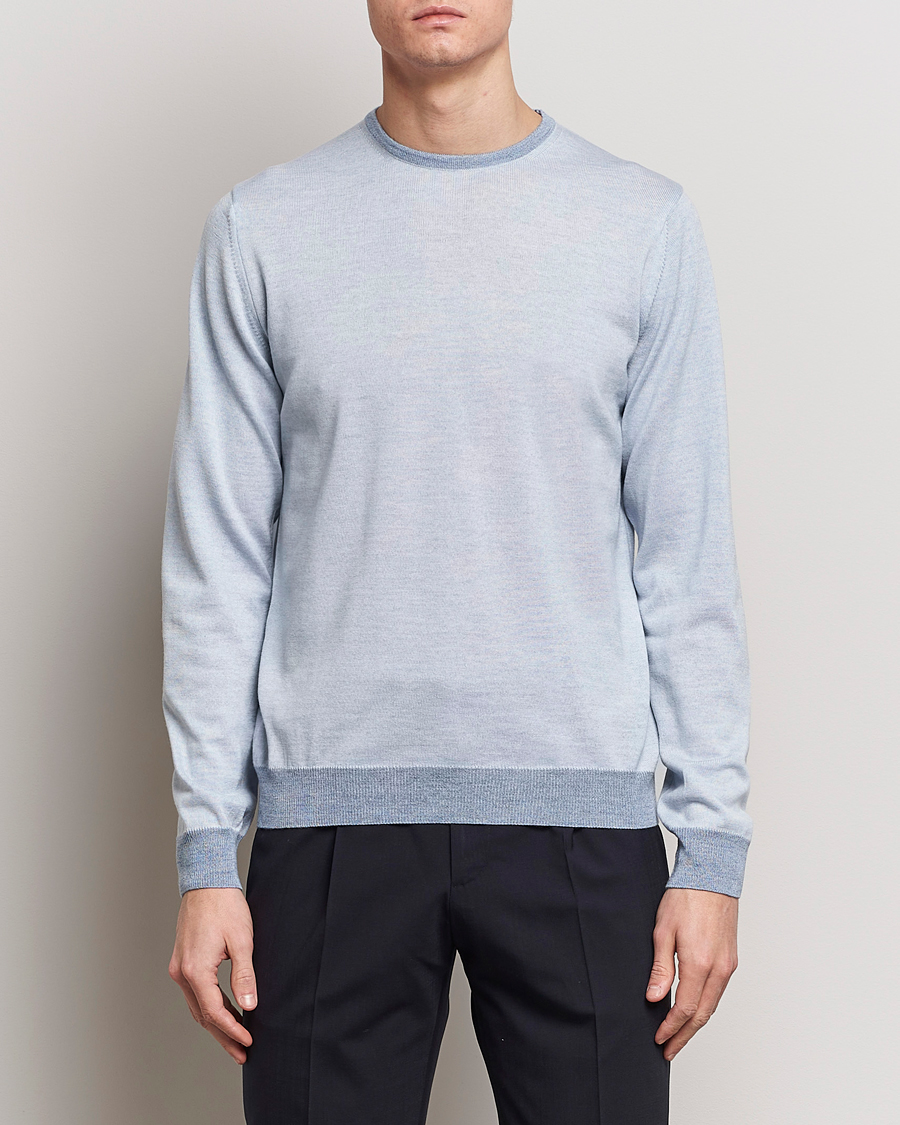 Men | Sweaters & Knitwear | Stenströms | Merino Contrast Crew Neck Light Blue