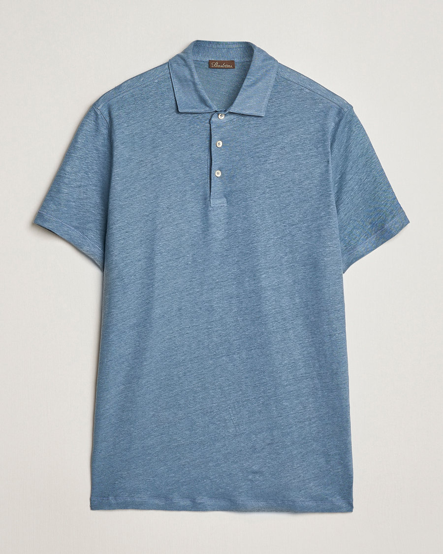 Men | Polo Shirts | Stenströms | Linen Polo Shirt Steel Blue
