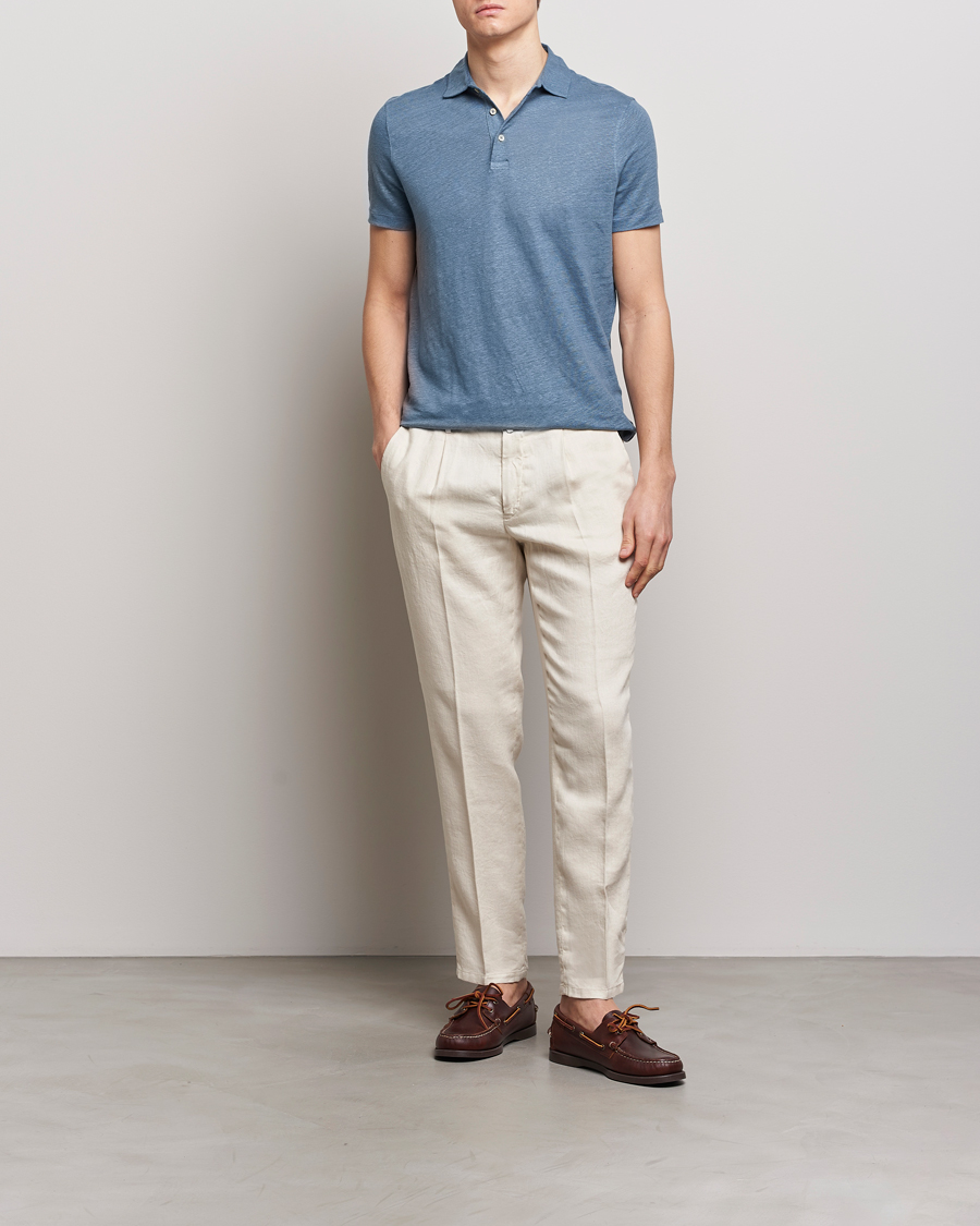 Men | Polo Shirts | Stenströms | Linen Polo Shirt Steel Blue
