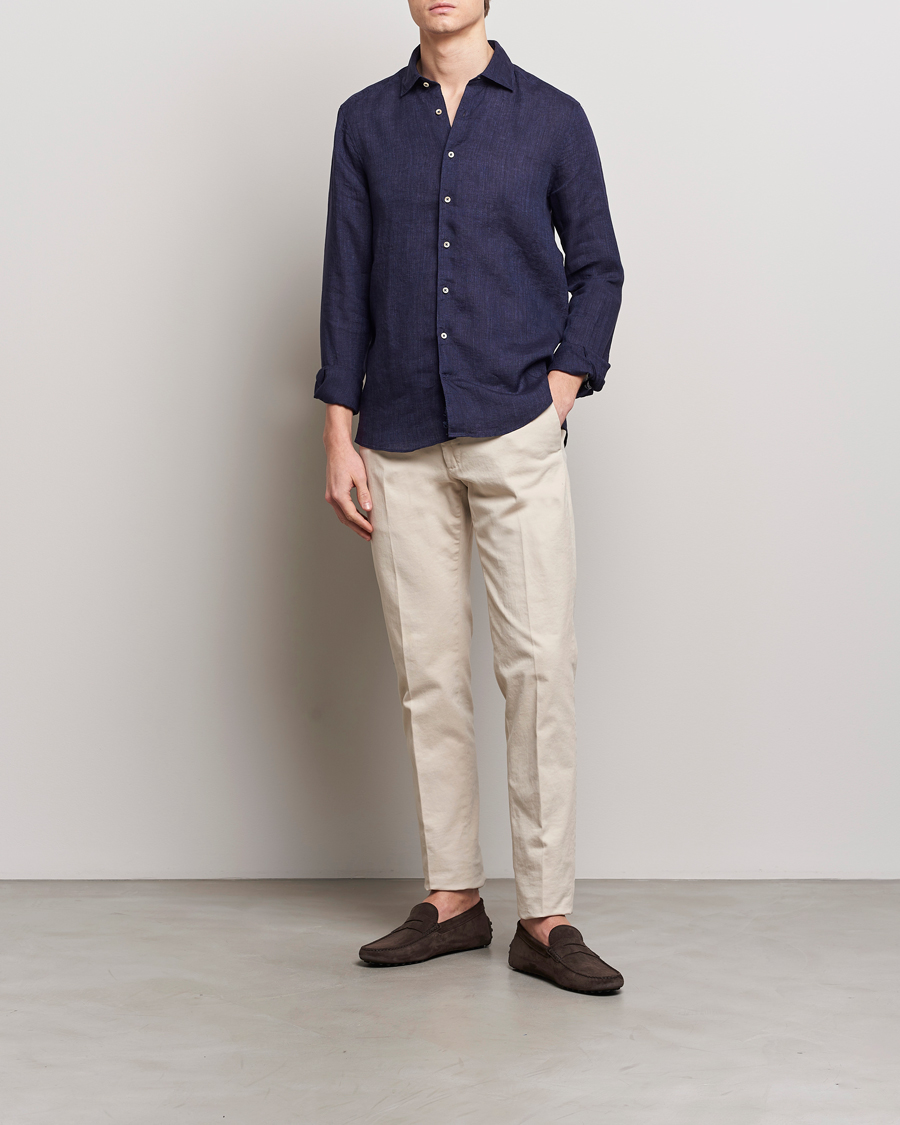 Men | Shirts | Stenströms | Slimline Cut Away Linen Shirt Navy