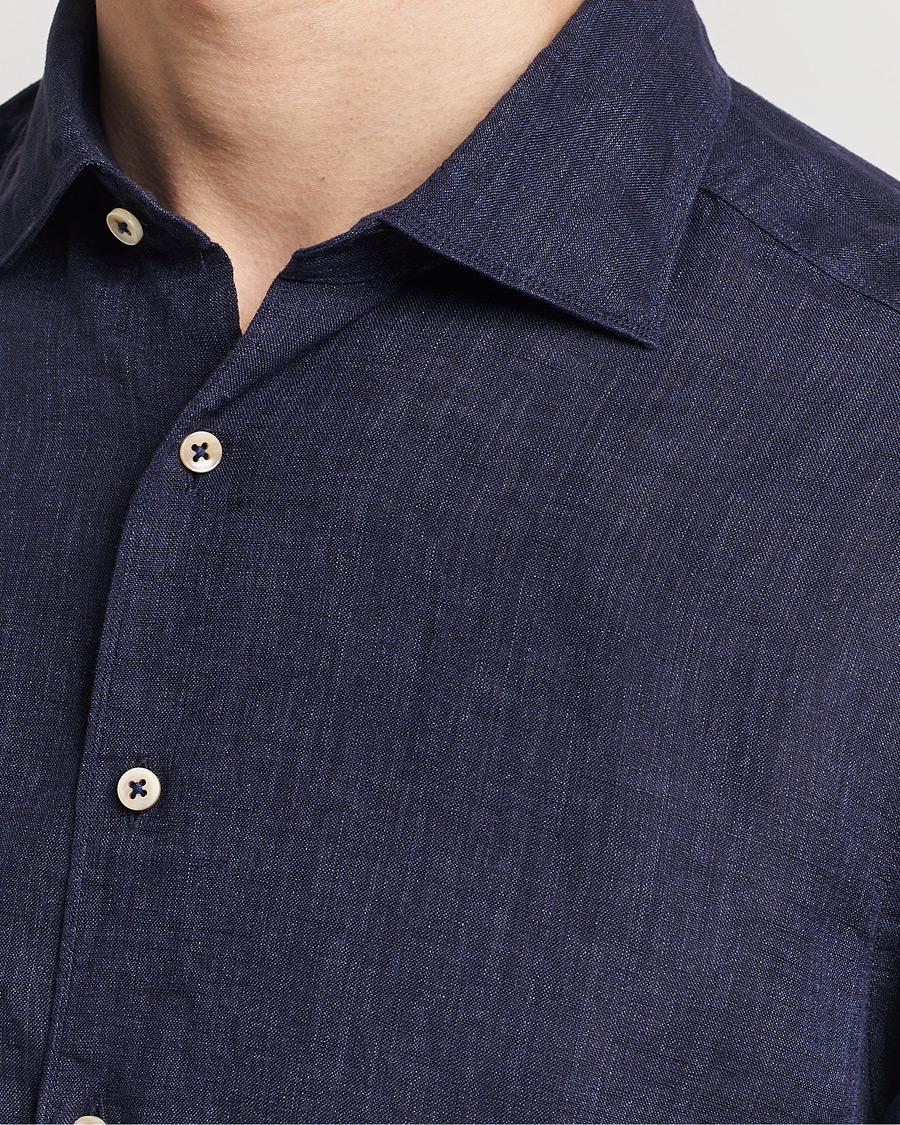 Men | Shirts | Stenströms | Slimline Cut Away Linen Shirt Navy