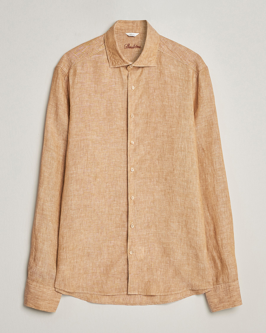 Men | Shirts | Stenströms | Slimline Cut Away Linen Shirt Brown