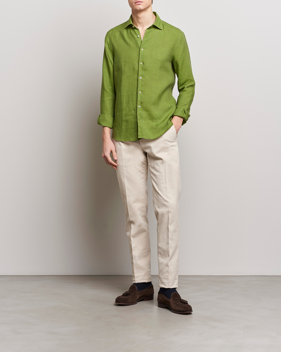 Men | Shirts | Stenströms | Slimline Cut Away Linen Shirt Green