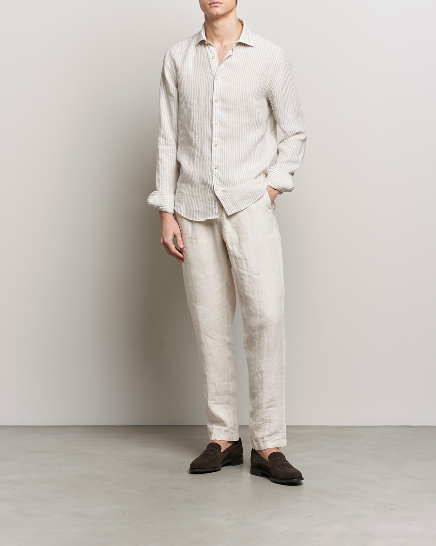 Men | Shirts | Stenströms | Slimline Cut Away Striped Linen Shirt Beige