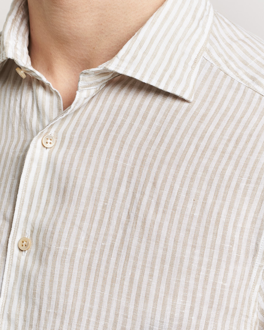 Men | Shirts | Stenströms | Slimline Cut Away Striped Linen Shirt Beige